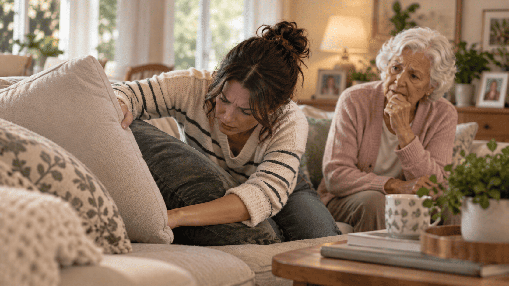 Family member searching for an item beside an older adult